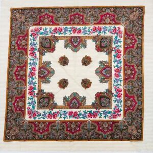 Vintage Glentex Paisley Floral Scarf Japan Lurex Gold Stripe Large Square